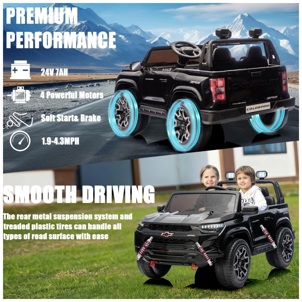 ECTQ7GRB996C0B_1-1.jpg - Carro Elétrico Infantil Chevrolet Colorado Licenciado 24V 2 Lugares 4WD Controle Remoto Música Alarme Megafone Preto