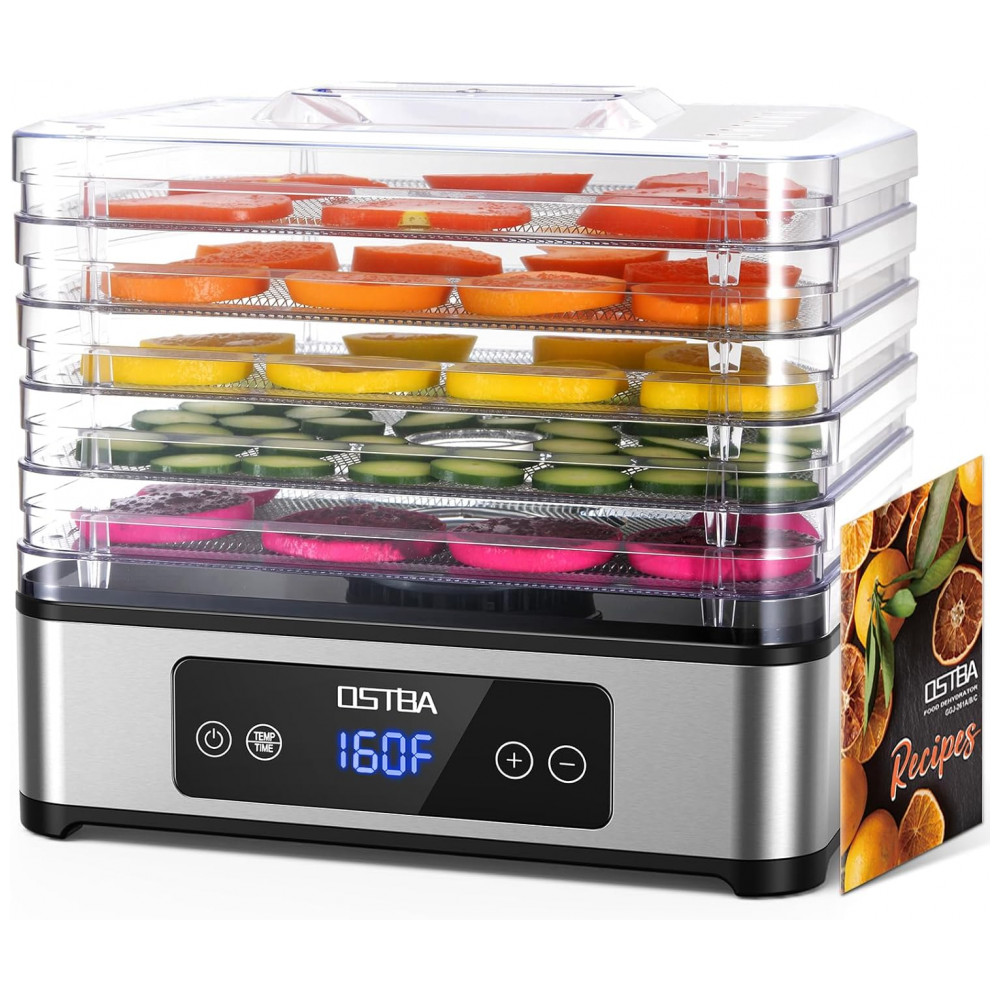 ECTQ7PB8RCWF0B_0-1.jpg - Desidratador de Alimentos OSTBA, 5 Bandejas de Aço Inoxidável, Temporizador de 48 Horas, Controle de Temperatura, 400W, Livro de Receitas