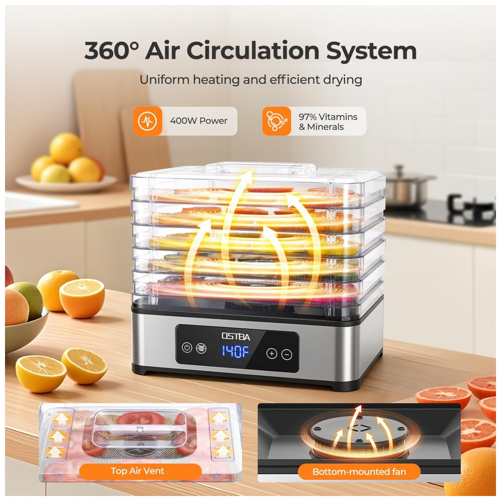 ECTQ7PB8RCWF0B_1-1.jpg - Desidratador de Alimentos OSTBA, 5 Bandejas de Aço Inoxidável, Temporizador de 48 Horas, Controle de Temperatura, 400W, Livro de Receitas