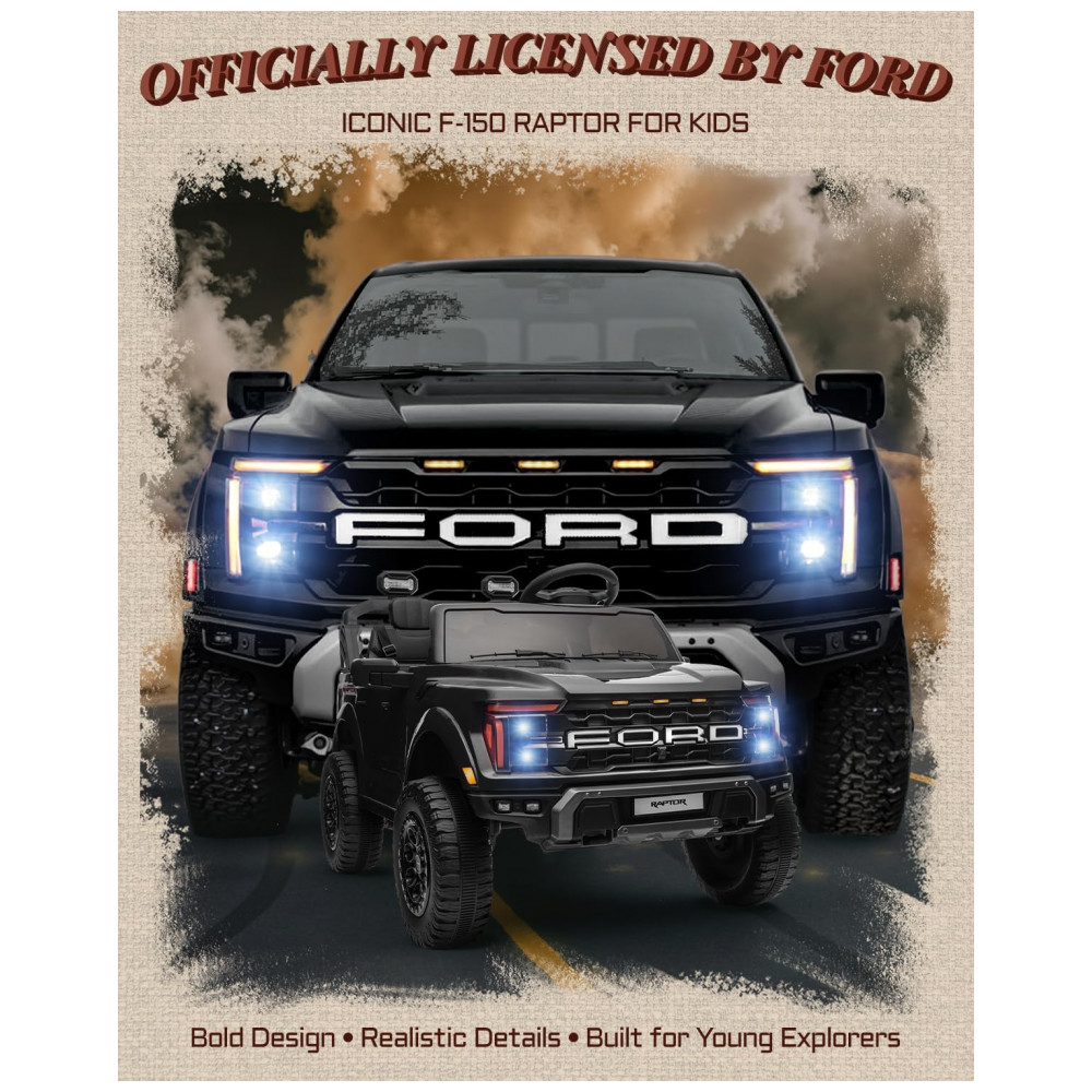ECTQ7PJYM3BF0B_1-1.jpg - Carro Elétrico Infantil Licenciado Ford F-150 Raptor 24V Preto 2 Lugares com Controle Remoto, Bluetooth, Luzes LED, Baú e Partida Suave