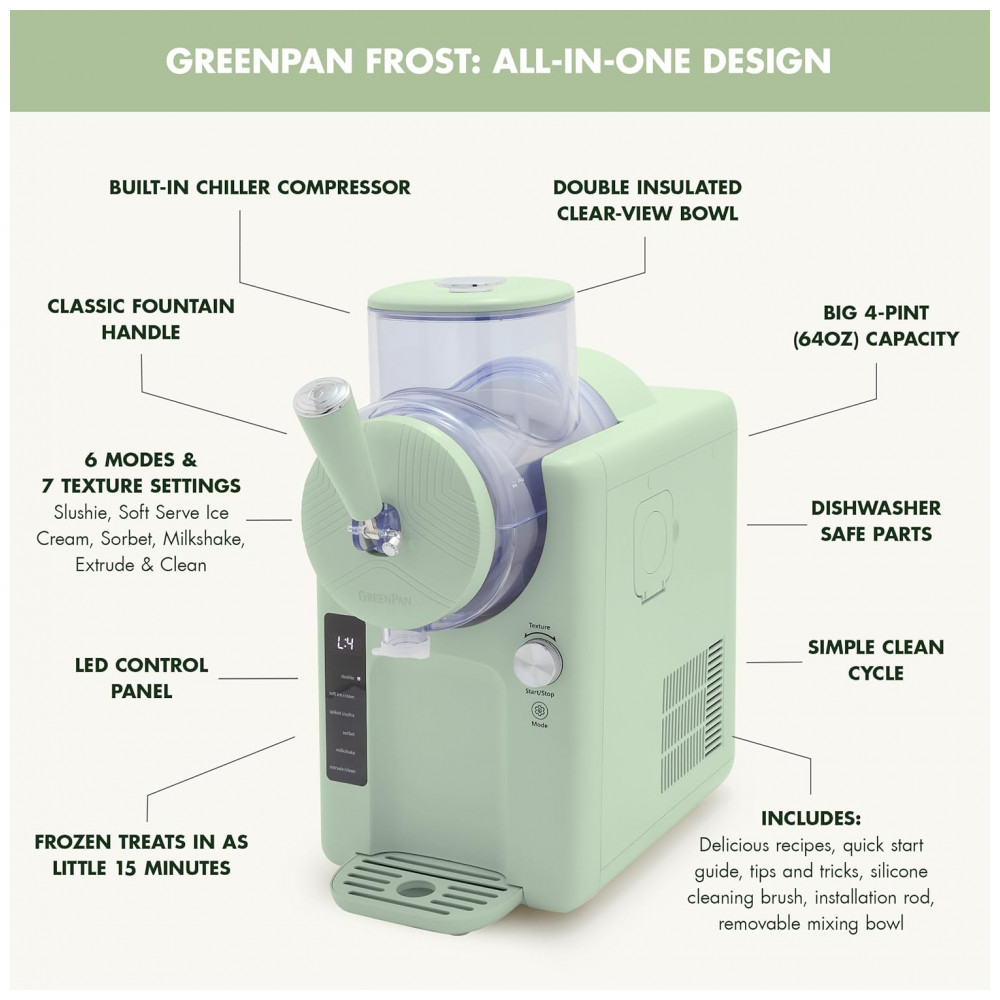 Máquina de Sorvete e Bebidas Geladas GreenPan Frost, Soft Serve, Frozen, Sorbet, Milkshakes, Coquetéis, Sem a Necessidade de Congelador, 7 Texturas, - Imagem 11