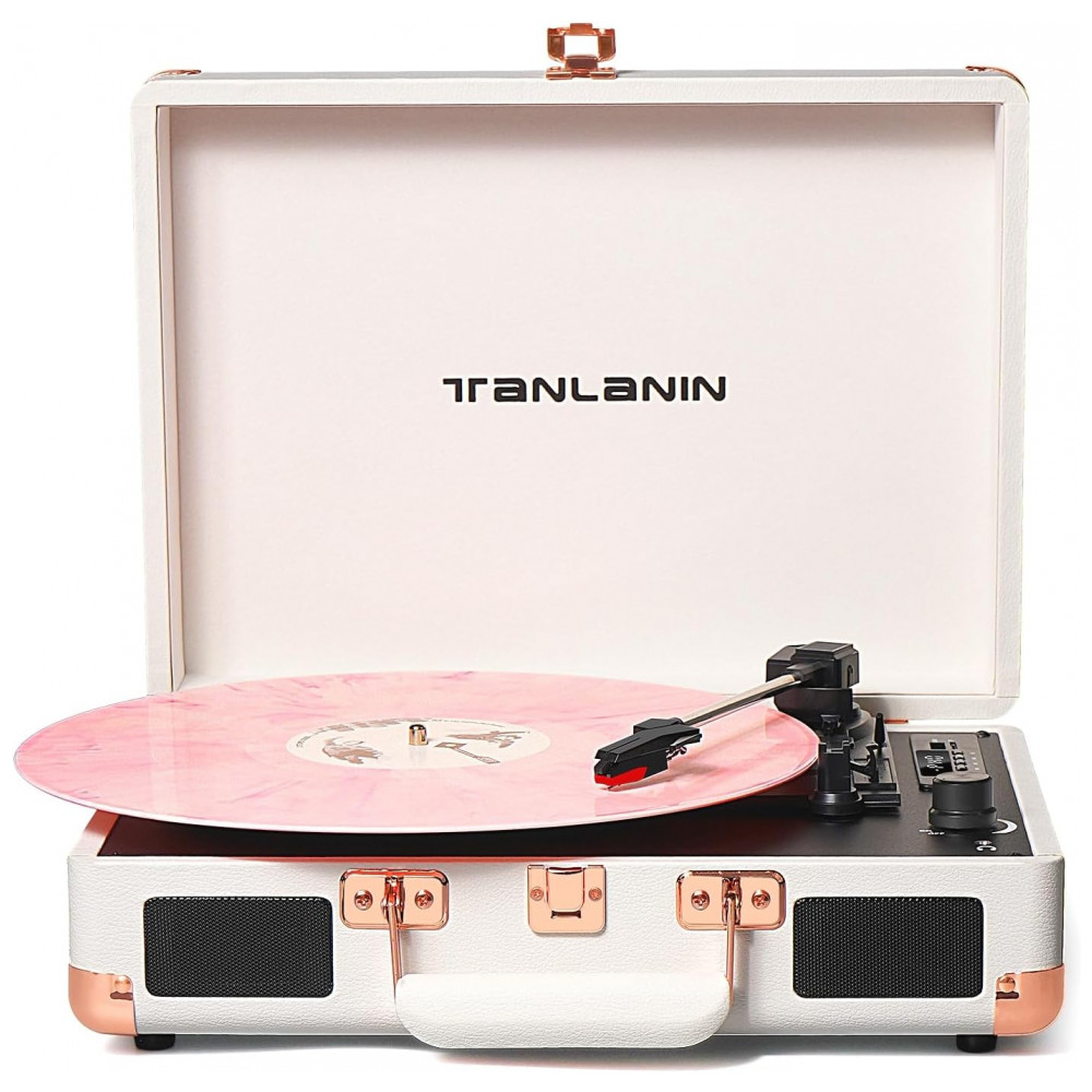 Toca-Discos de Vinil Bluetooth Vintage 3 Velocidades Portátil em Maleta com Alto-falantes Embutidos, Toque por Correia, TANLANIN,