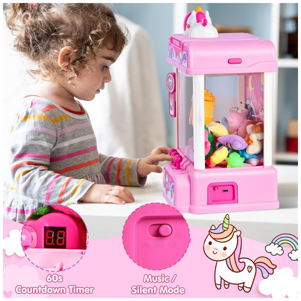 ECTQ8626F92F0B_1-1.jpg - Máquina de Garra Rosa CWLAKON – Mini Arcade Infantil com 20 Prêmios, Luzes LED, Som e Temporizador de 60 Segundos
