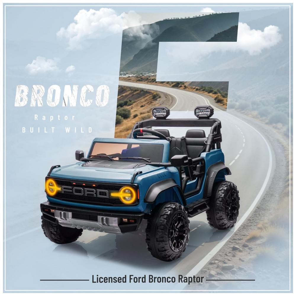 ECTQ86KG4DGD0B_1-1.jpg - Carrinho Elétrico Licenciado Infantil 2 Lugares 24V Ford Bronco Raptor 4x4 2 Motores 90W Bluetooth Suspensão 4 Rodas Controle Remoto YOFE Azul