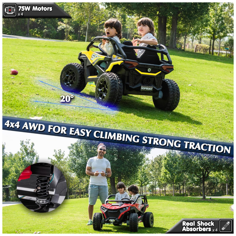 ECTQ8779R1BD0B_2-1.jpg - Carrinho Elétrico Infantil 4x4 Sopbost XL 24V 10Ah 2 Lugares 4 Motores 75W Controle Remoto Suspensão Molas Bluetooth Amarelo