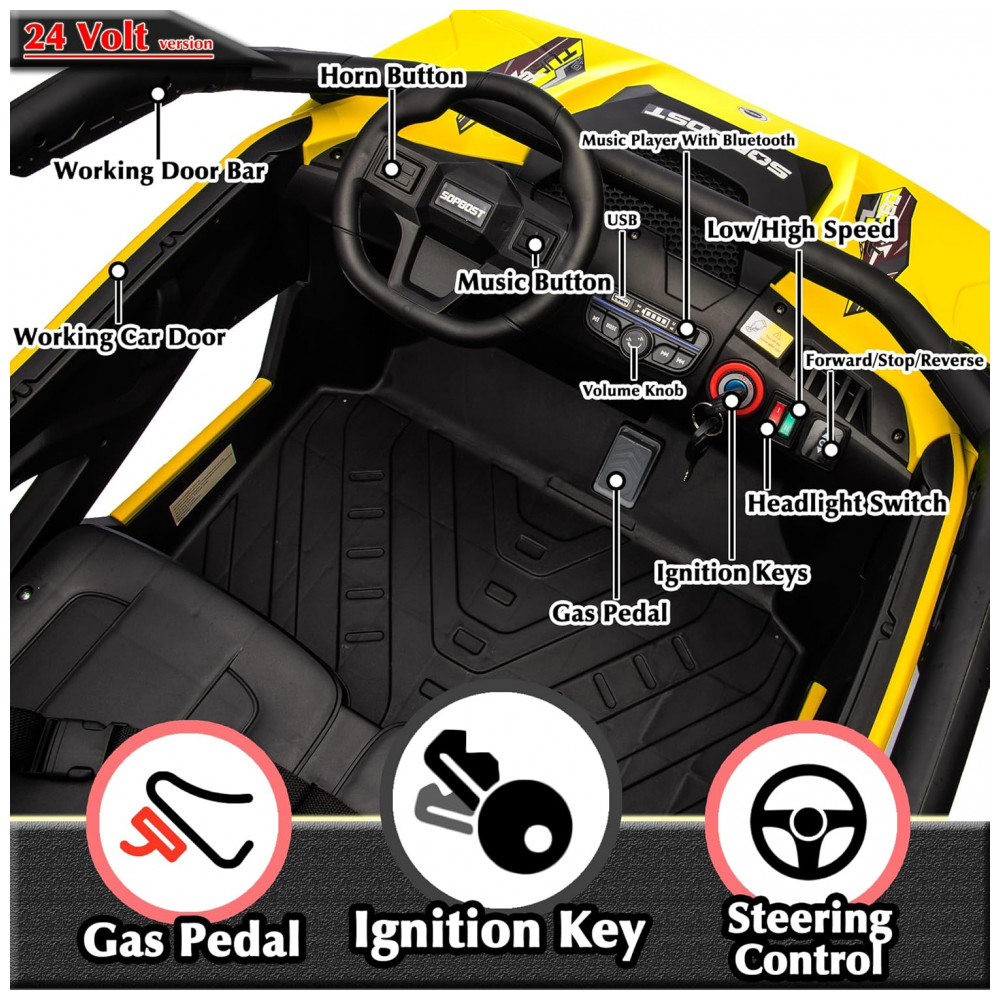 ECTQ8779R1BD0B_3-1.jpg - Carrinho Elétrico Infantil 4x4 Sopbost XL 24V 10Ah 2 Lugares 4 Motores 75W Controle Remoto Suspensão Molas Bluetooth Amarelo