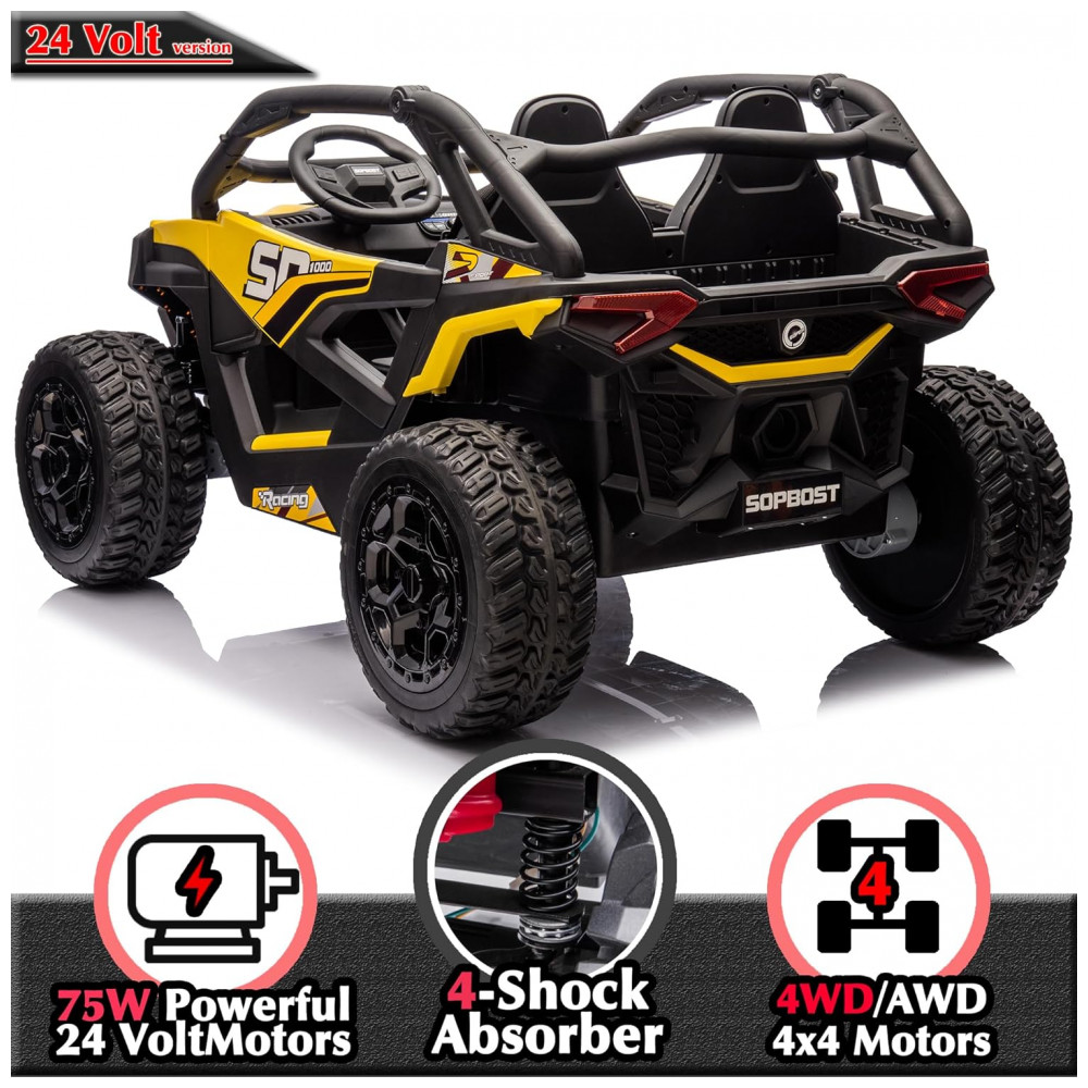 ECTQ8779R1BD0B_6-1.jpg - Carrinho Elétrico Infantil 4x4 Sopbost XL 24V 10Ah 2 Lugares 4 Motores 75W Controle Remoto Suspensão Molas Bluetooth Amarelo