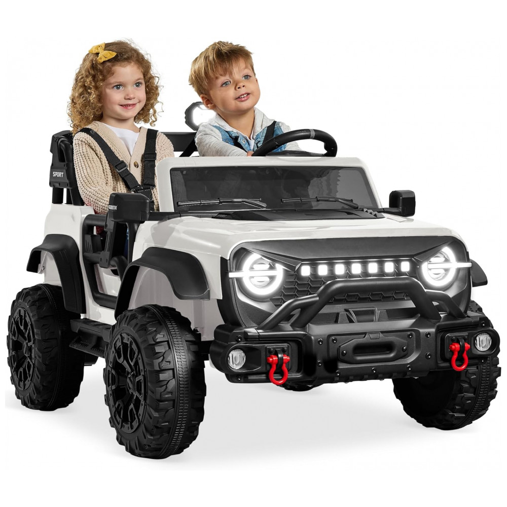 ECTQ89XQRL8F0B_0-1.jpg - Carro Elétrico Infantil Best Choice Products 24V Branco, Caminhão 2 Lugares, com Controle Remoto, Bluetooth, Luzes LED e Capacidade para 60 kg