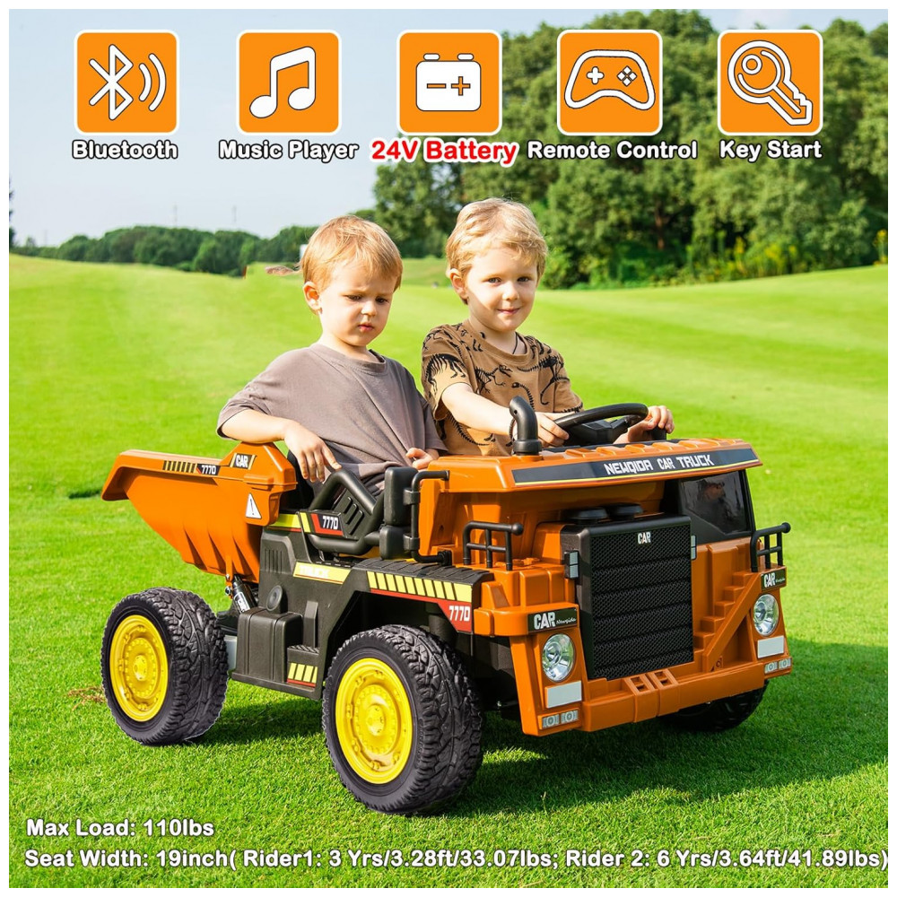 ECTQ8F4SZQ9D0B_1-1.jpg - Caminhão Basculante Infantil Elétrico NEWQIDA Laranja 24V 2 Motores Pá Remota Caçamba Elétrica Bluetooth LED Bancos 19"