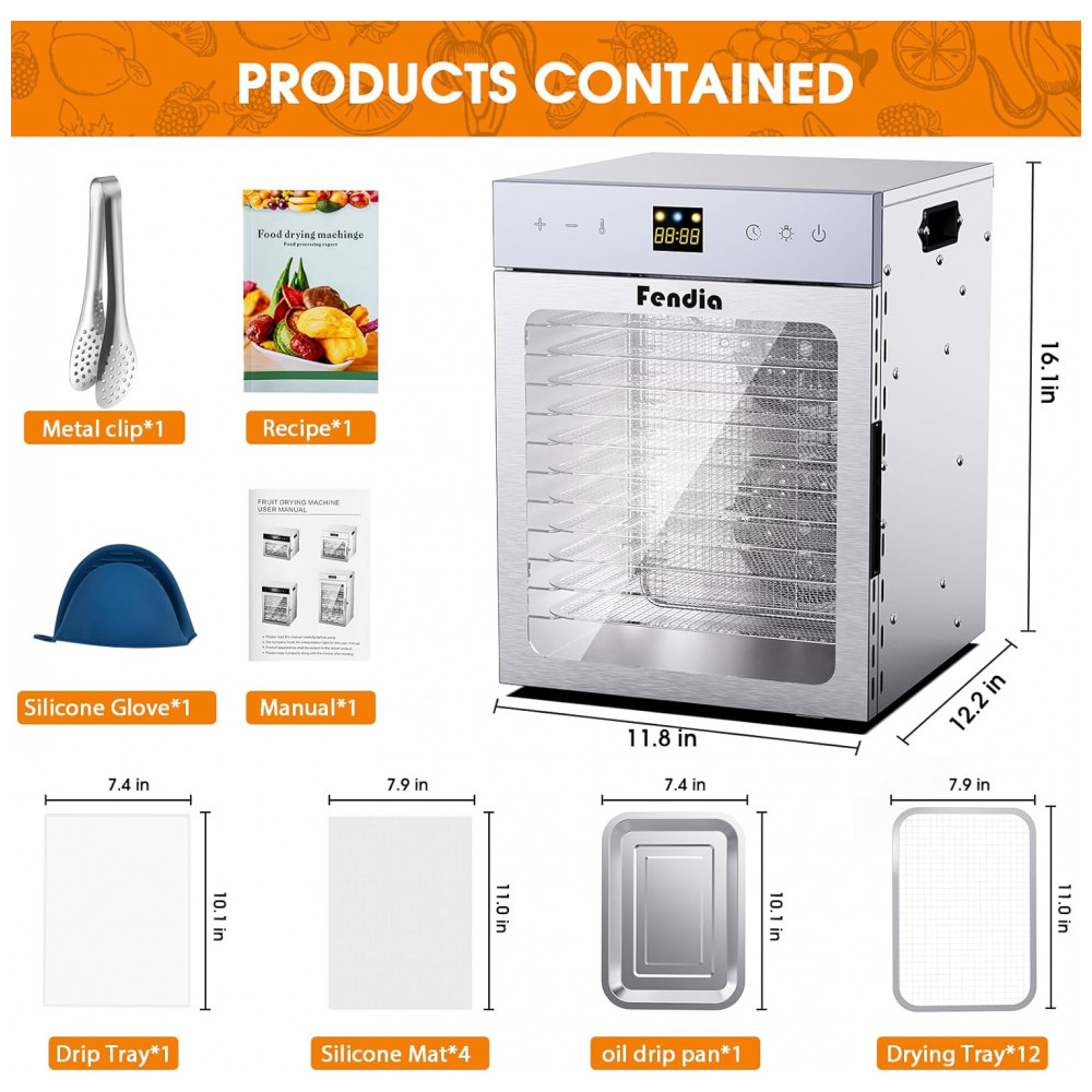 ECTQ8GBZV5SD0B_1-1.jpg - Desidratador de Alimentos para Jerky, 12 Bandejas de Aço Inoxidável, 1200W Desidratador de Frutas, Timer de 24H e Controle de Temperatura,Fendia