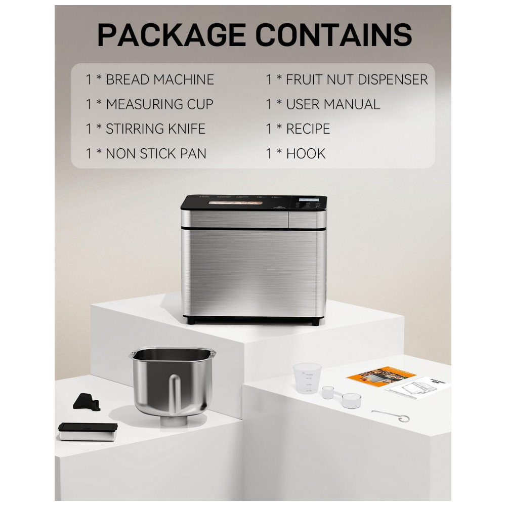ECTQ8KBY4KNF0B_6-1.jpg - Máquina de Pão MERIOR 25 em 1 Aço Inoxidável Dispensador Automático de Nozes Timer 13H Capacidade até 907 gramas Voltagem 110V