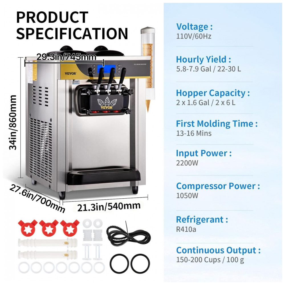 Máquina de Sorvete Comercial VEVOR, Alto Rendimento de 22-30 litros/h, Máquina de Sorvete Soft de Bancada com 2 Reservatórios de 6L e Cilindro de 2L, - Imagem 6
