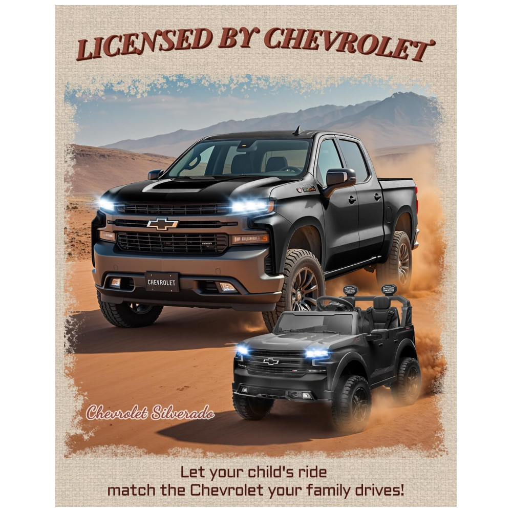 ECTQ8PN19NKF0B_1-1.jpg - Carro Elétrico Infantil Chevrolet Silverado 24V Preto 2 Lugares com Controle Remoto, Bluetooth, Luzes LED e Cinto de Segurança