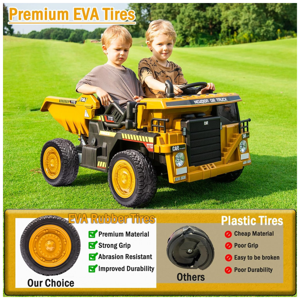 ECTQ8SPGK99D0B_1-1.jpg - Caminhão Basculante Infantil Elétrico NEWQIDA Amarelo 24V 2 Motores Pá Remota Caçamba Elétrica Bluetooth LED Bancos 19"