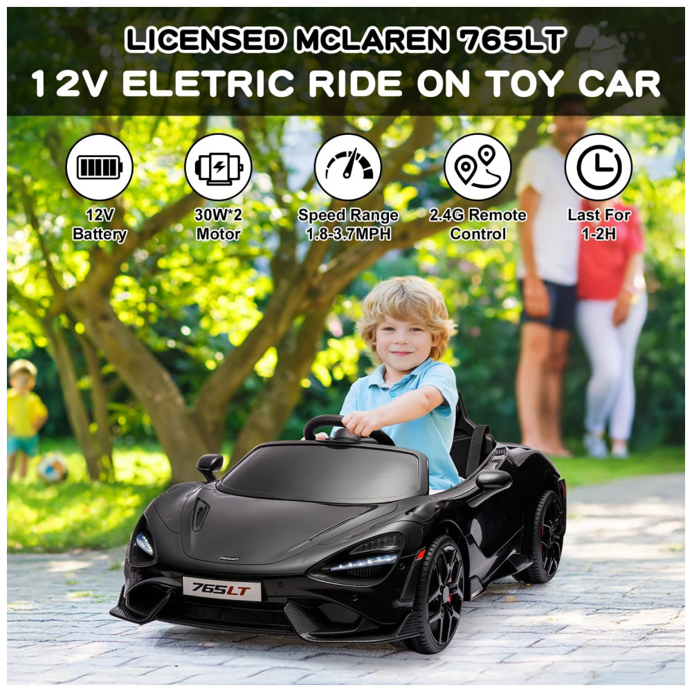 ECTQ946Y42SD0B_1-1.jpg - Carro Elétrico Infantil McLaren765LT MUKIDY Preto 12V Controle Remoto Música Luzes LED 3 Velocidades Cinto Segurança Modelo Licenciado