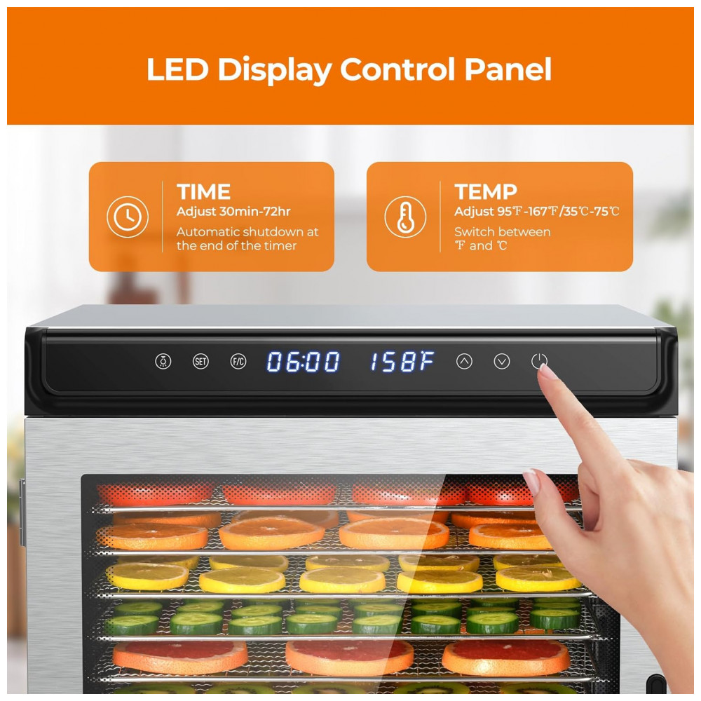 ECTQ99BQNJ8D0B_1-1.jpg - Desidratador de Alimentos, 10 Bandejas de Aço Inoxidável, Controle de Temporizador 72 Horas e Temperatura 35°C a 75°C, 1100W para Alimentos, Jerky, Er