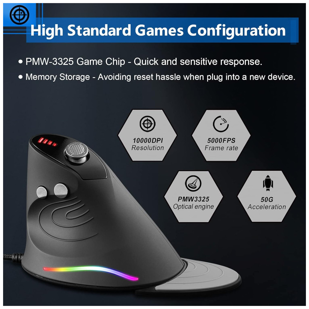 ECTQ9B1LHJ990B_2-1.jpg - Mouse para Jogos Ergonômico Vertical Óptico com Fio Reduz a Tensão do Pulso com Descanso para as Mãos 1000 10000 DPI 12 Botões TRELC Preto