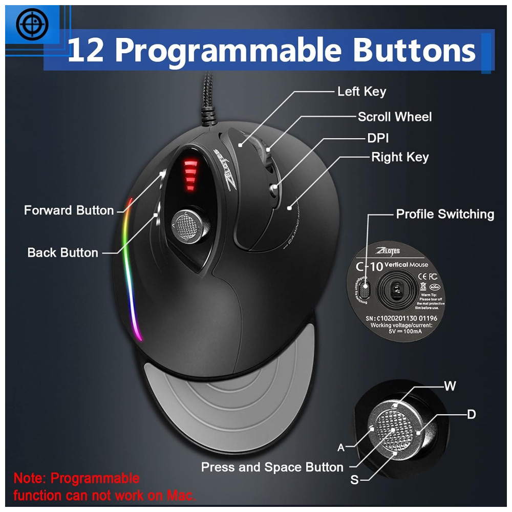 ECTQ9B1LHJ990B_3-1.jpg - Mouse para Jogos Ergonômico Vertical Óptico com Fio Reduz a Tensão do Pulso com Descanso para as Mãos 1000 10000 DPI 12 Botões TRELC Preto