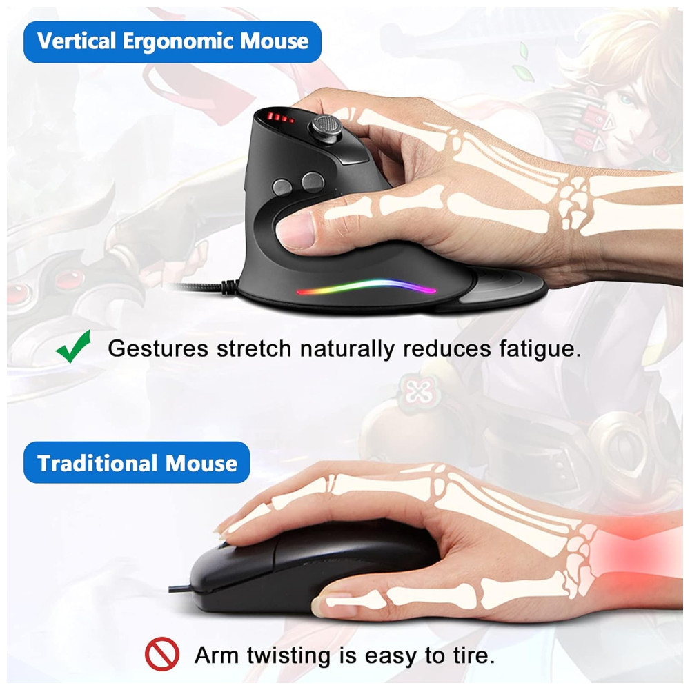 ECTQ9B1LHJ990B_4-1.jpg - Mouse para Jogos Ergonômico Vertical Óptico com Fio Reduz a Tensão do Pulso com Descanso para as Mãos 1000 10000 DPI 12 Botões TRELC Preto