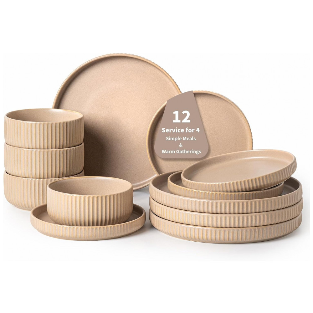 Conjunto de Jantar para 4 Pessoas FOBENTA, 12 Peças em Reativo Fosco Bege Cáqui, Design Único e Durável