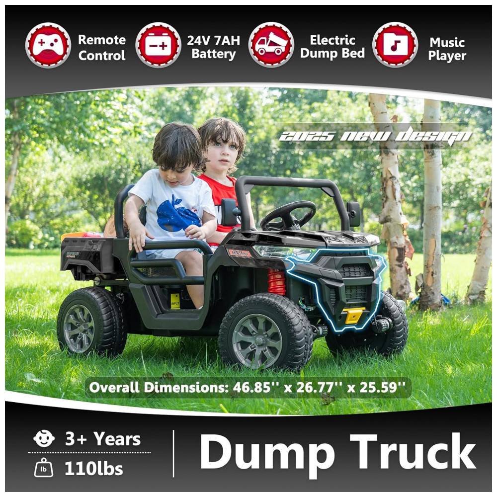 ECTQ9JF7TXKD0B_1-1.jpg - Caminhão Basculante Infantil Elétrico Sopbost Preto 24V 2 Lugares 4 Motores 75W Caçamba Automática 4WD Pneus EVA Controle Bluetooth