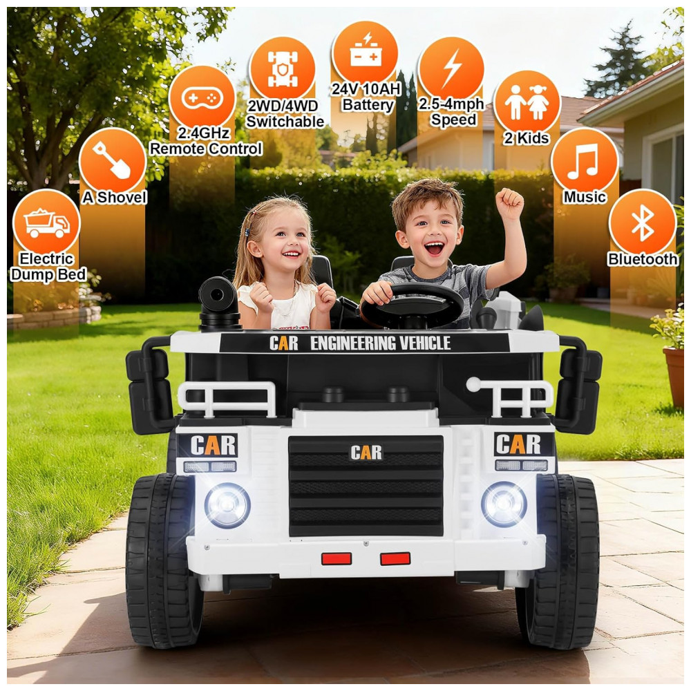 ECTQ9MD247TF0B_1-1.jpg - Carrinho Elétrico Infantil 2 Lugares 4x4 4 Motores 70W 24V10AH Bluetooth Carga Caçamba Basculante Controle Remoto JOYLDIAS Branco