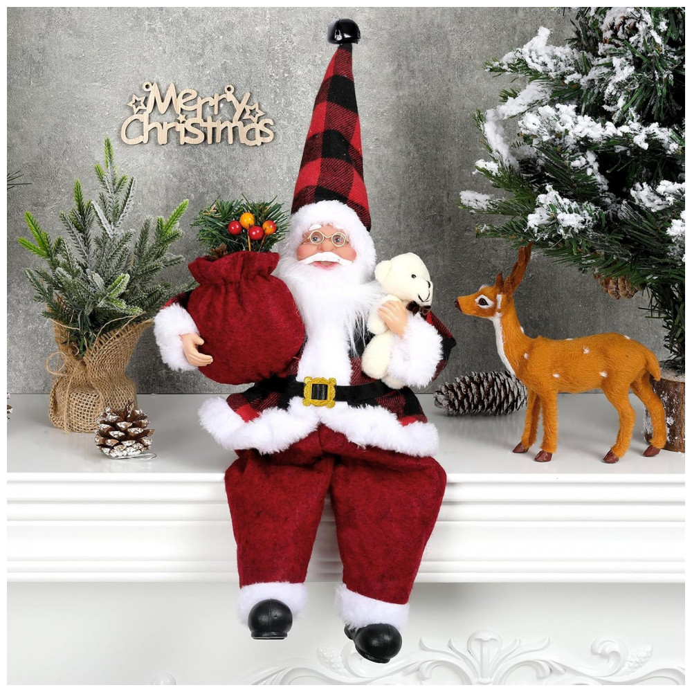 Enfeite de Natal Sentado Papai Noel Cute Chic AnyDesign com Saco de Presente e Ursinho - Decoração de Natal para Casa, Escritório, Mesa de Festa