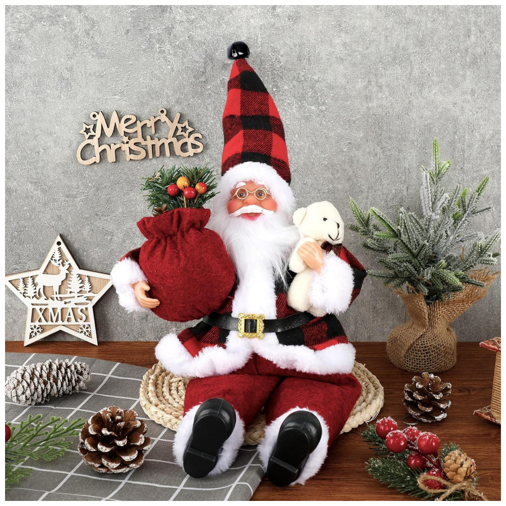ECTQ9NZNNXF90B_4-1.jpg - Enfeite de Natal Sentado Papai Noel Cute Chic AnyDesign com Saco de Presente e Ursinho - Decoração de Natal para Casa, Escritório, Mesa de Festa