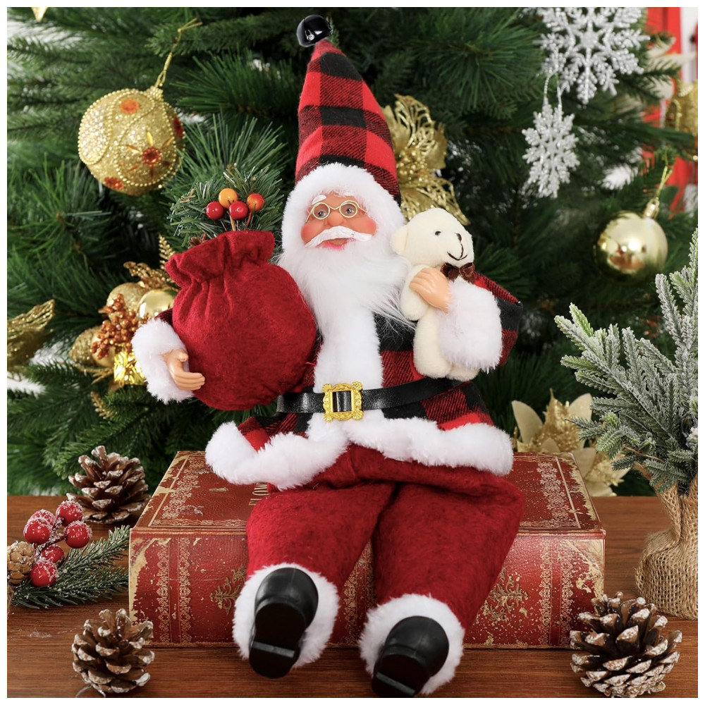 ECTQ9NZNNXF90B_5-1.jpg - Enfeite de Natal Sentado Papai Noel Cute Chic AnyDesign com Saco de Presente e Ursinho - Decoração de Natal para Casa, Escritório, Mesa de Festa