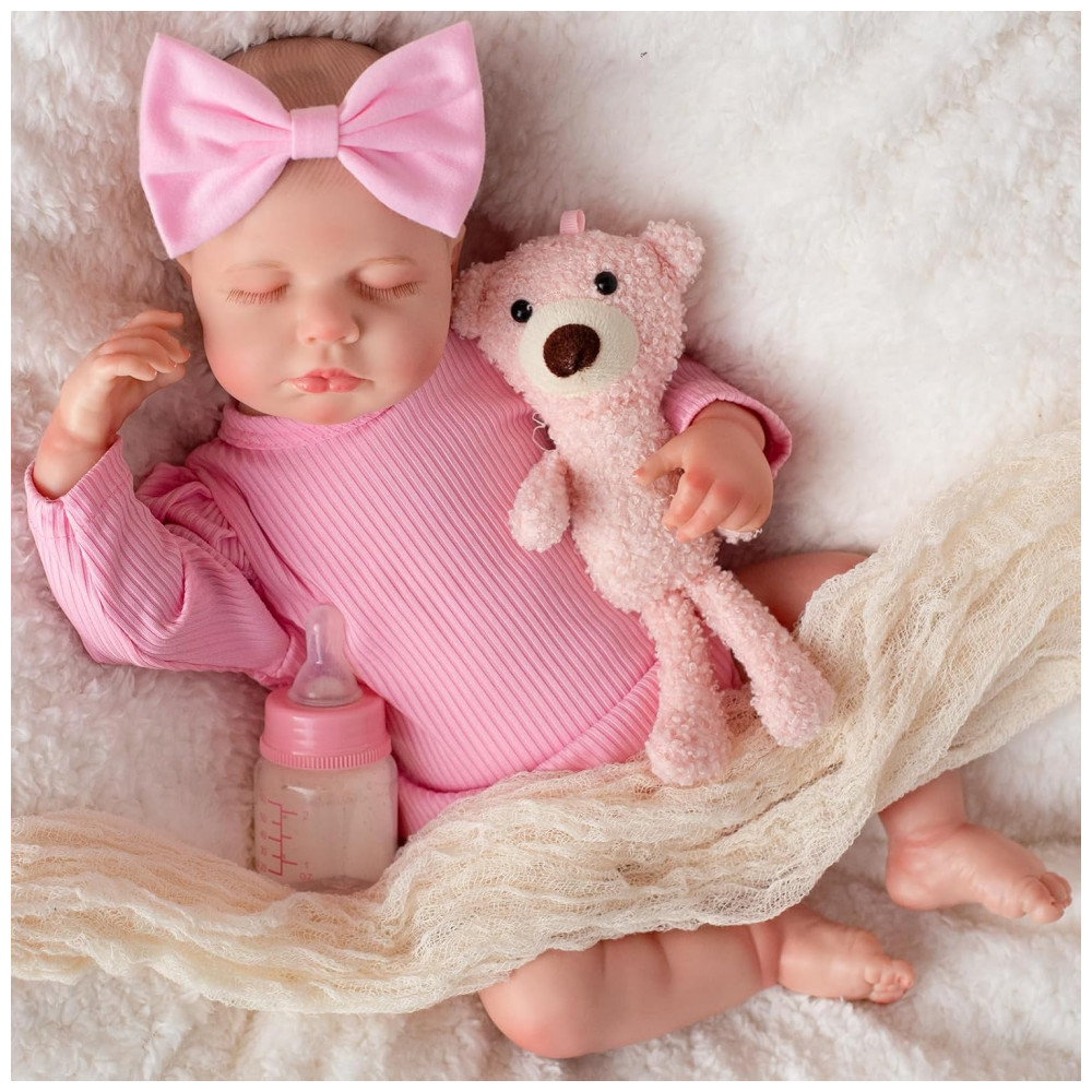 Bebê Recém-Nascido Newborn, Boneca Bebê Reborn Realista de 45 cm Menina com Corpo de Pano e Kit de Alimentação, SPICIMOMO