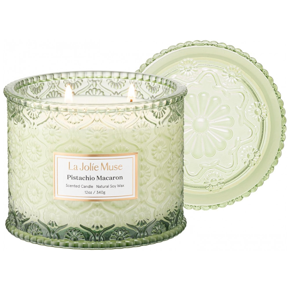 Vela LA JOLIE MUSE Pistachio Macaron - 12 oz de Cera de Soja Natural com Pavio de Madeira de Cerejeira Duplo - Queima Limpa por 60 Horas - Presente Id