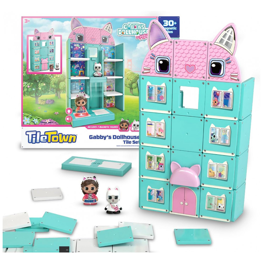 ECTQB3CG36QD0B_0-2.jpg - Conjunto de Construção Magnética Tile Town Gabbys Dollhouse 35 Peças Brinquedo Interativo STEM de Telhas Magnéticas Inclui Figuras de Gabby e Pandy