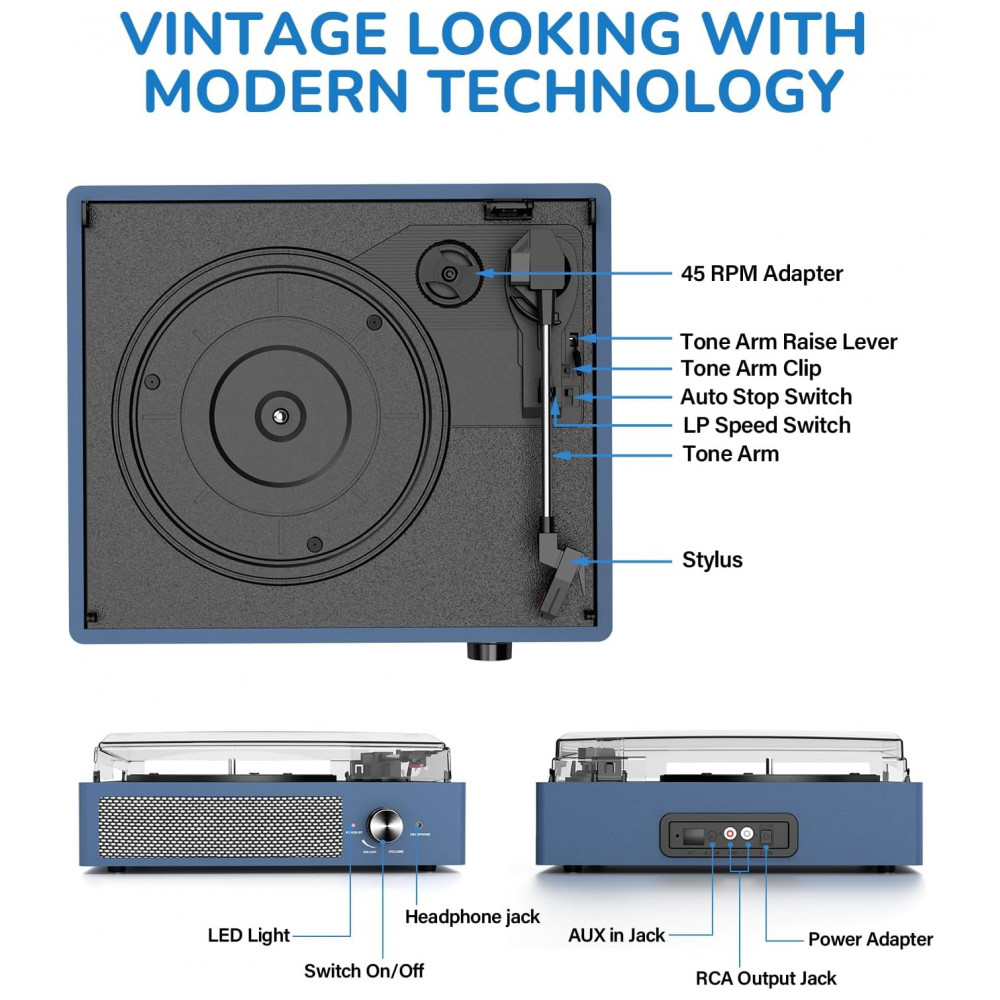 ECTQB57J3PYD0B_1.jpg - Toca-Discos de Vinil com 2 Alto-Falantes Estéreo Bluetooth Vintage Acionado por Correia 3 Velocidades 3 Tamanhos Reprodução Bluetooth cotsoco