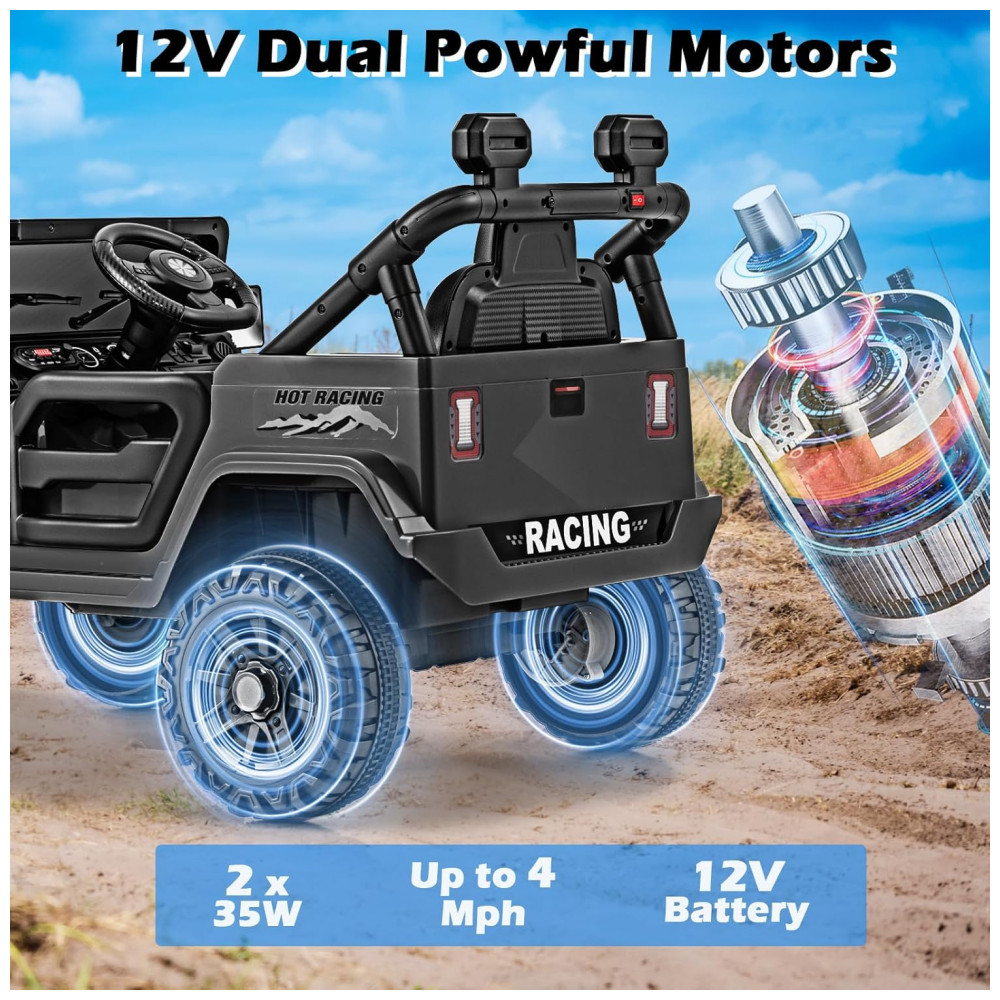 ECTQB5XPQ7DD0B_1-1.jpg - Carro Elétrico Infantil OLAKIDS Preto 12V Controle Remoto Jeep LED Bluetooth 2 Velocidades Suspensão Música USB MP3 3-8 Anos