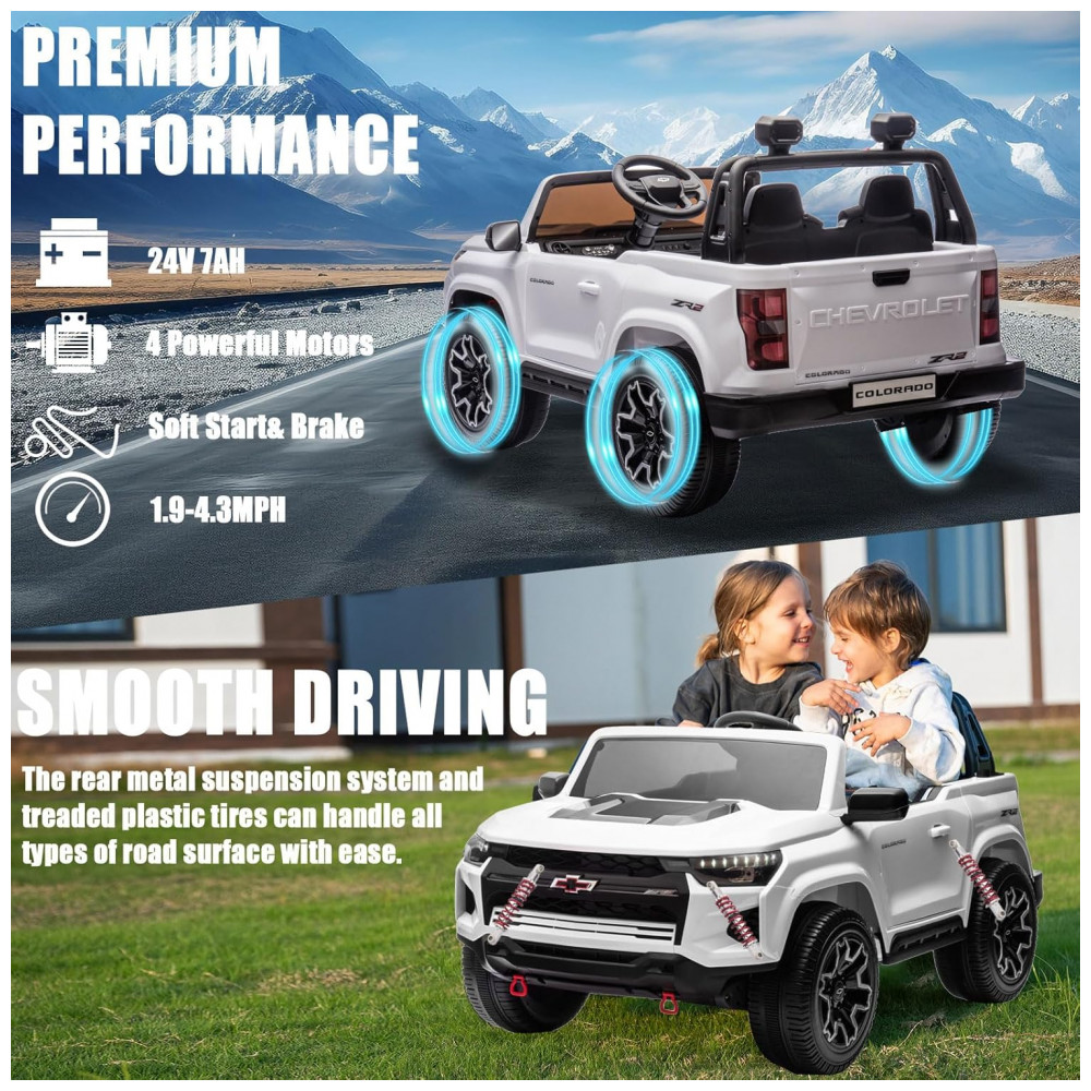 ECTQB86ZH96C0B_2-1.jpg - Carro Elétrico Infantil Chevrolet Colorado Licenciado 24V 2 Lugares 4WD Controle Remoto Música Alarme Megafone Branco