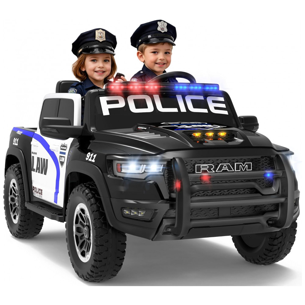 ECTQB8MYJFCF0B_0-1.jpg - Carro Elétrico Infantil Polícia RAM 1500 24V Preto 2 Lugares com Controle Remoto, Sirene, Luzes Piscantes e Baú