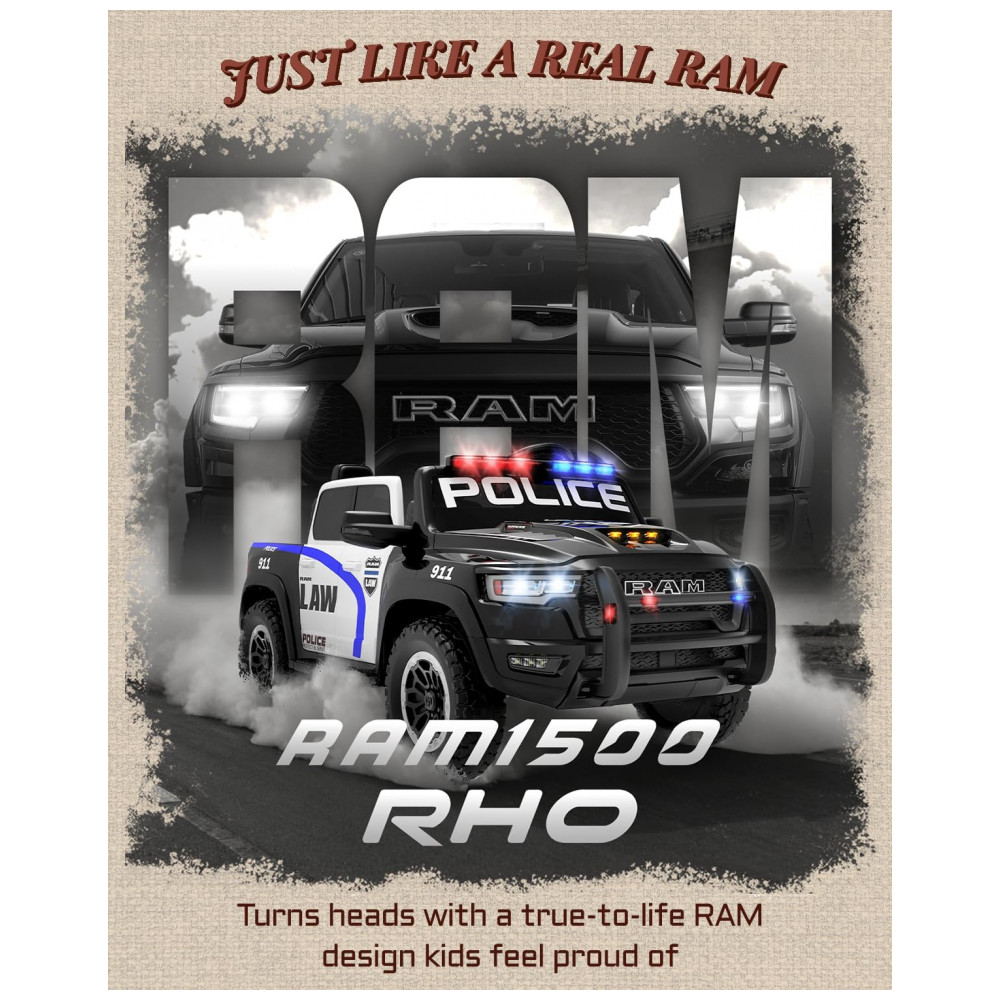 ECTQB8MYJFCF0B_1-1.jpg - Carro Elétrico Infantil Polícia RAM 1500 24V Preto 2 Lugares com Controle Remoto, Sirene, Luzes Piscantes e Baú