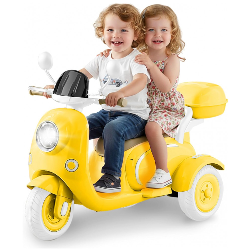 ECTQBQXG5R4F0B_0-1.jpg - Moto Elétrica Infantil HEIMILI 12V Amarela 3 Rodas 2 Lugares com Bluetooth MP3 Baú e Estabilidade