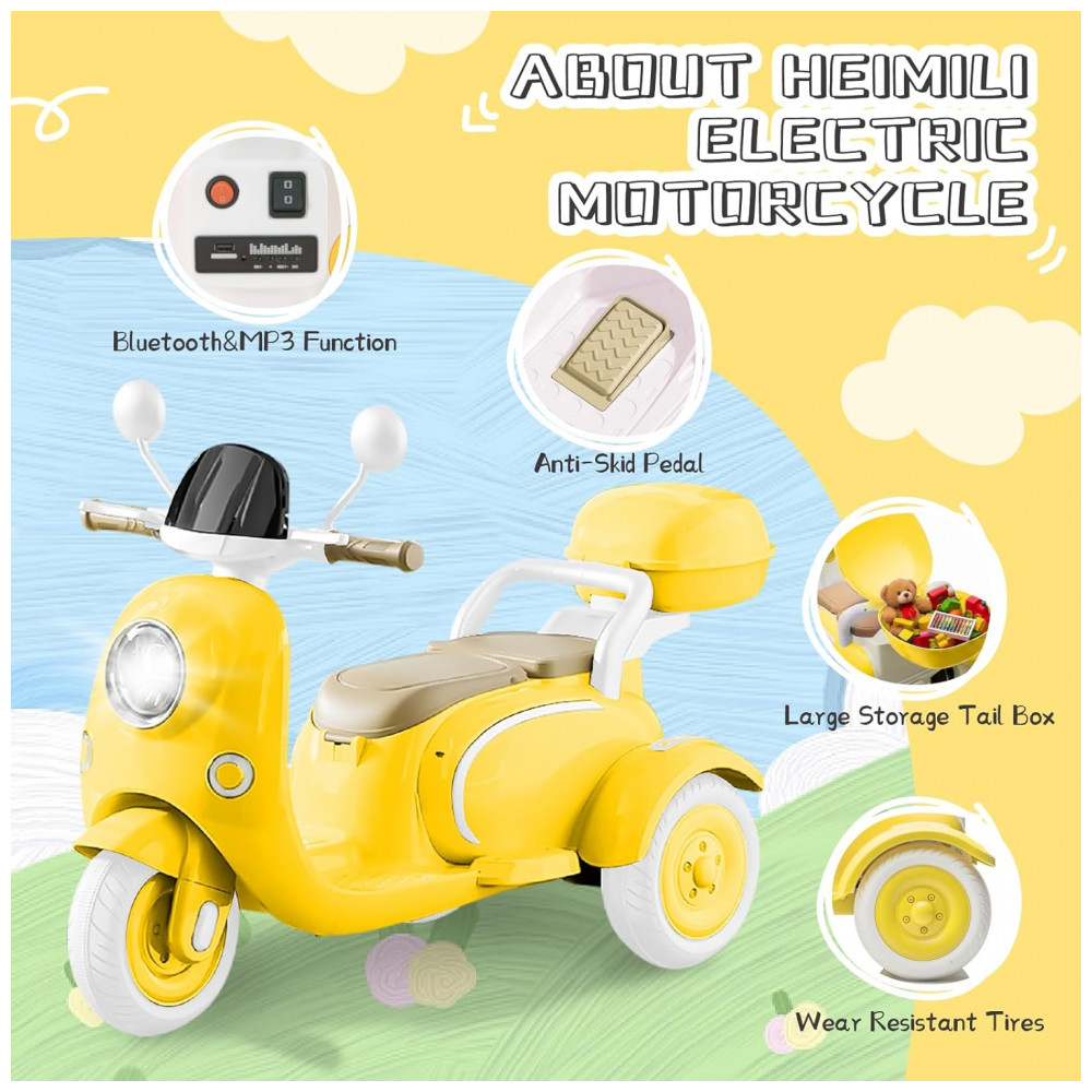ECTQBQXG5R4F0B_1-1.jpg - Moto Elétrica Infantil HEIMILI 12V Amarela 3 Rodas 2 Lugares com Bluetooth MP3 Baú e Estabilidade