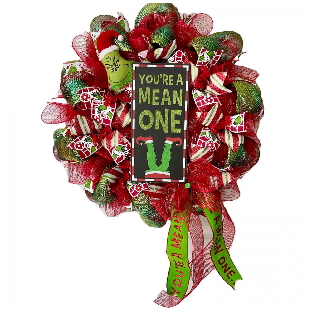 ECTQBYJPX5RF0B_0-1.jpg - Guirlanda de Natal Monstro Verde - O Grinch, Feita à Mão com Mesh Decorativa. 60cm de diâmetro