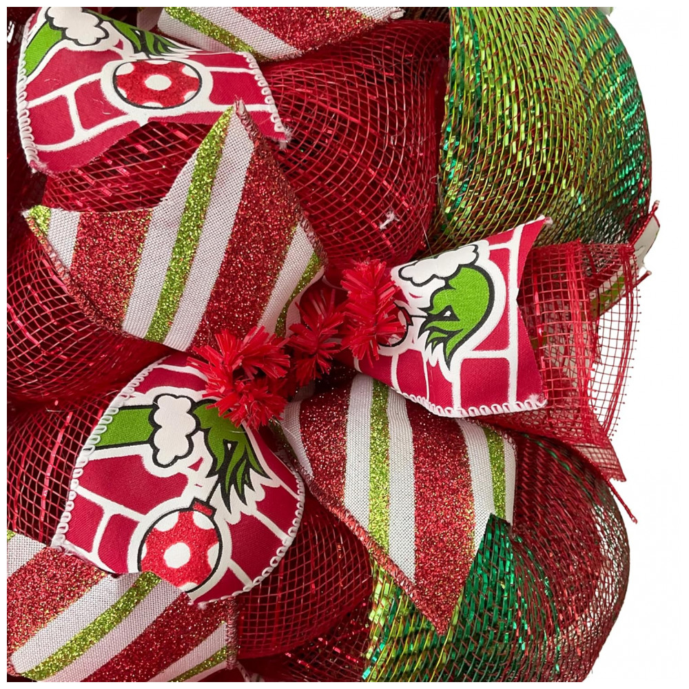 ECTQBYJPX5RF0B_2-1.jpg - Guirlanda de Natal Monstro Verde - O Grinch, Feita à Mão com Mesh Decorativa. 60cm de diâmetro