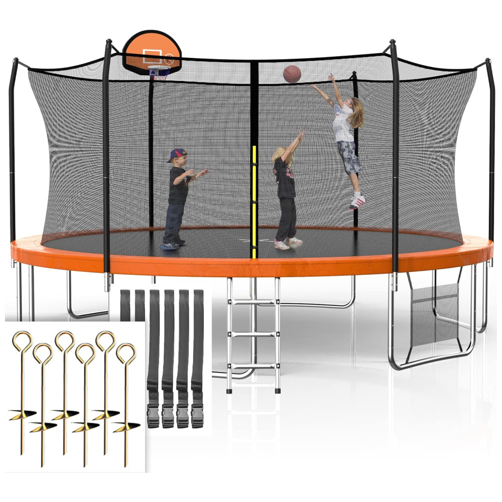 ECTQCFVJ89G90B_0-1.jpg - SKOK Cama Elastica Infantil com Diâmetro Cesta de Basquete e Rede de Proteção para até 180 kg Laranja