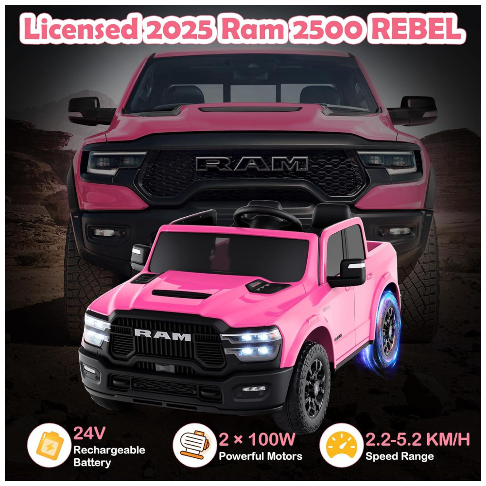 ECTQCRYTCB1G0B_1-1.jpg - Carro Elétrico Infantil 2 Lugares 24V, 2x100W, Controle Remoto, Suspensão 4 Rodas, Costzon Ram 2500 Rebel, Rosa