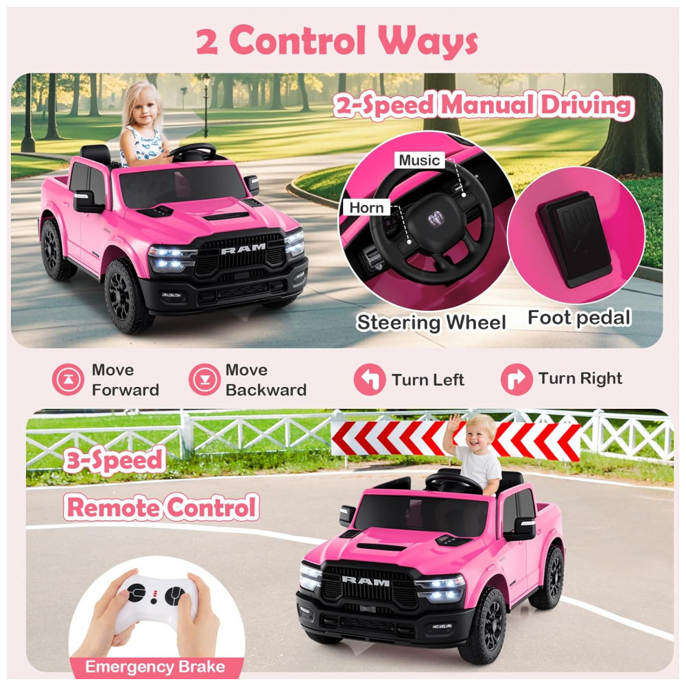 ECTQCRYTCB1G0B_2-1.jpg - Carro Elétrico Infantil 2 Lugares 24V, 2x100W, Controle Remoto, Suspensão 4 Rodas, Costzon Ram 2500 Rebel, Rosa