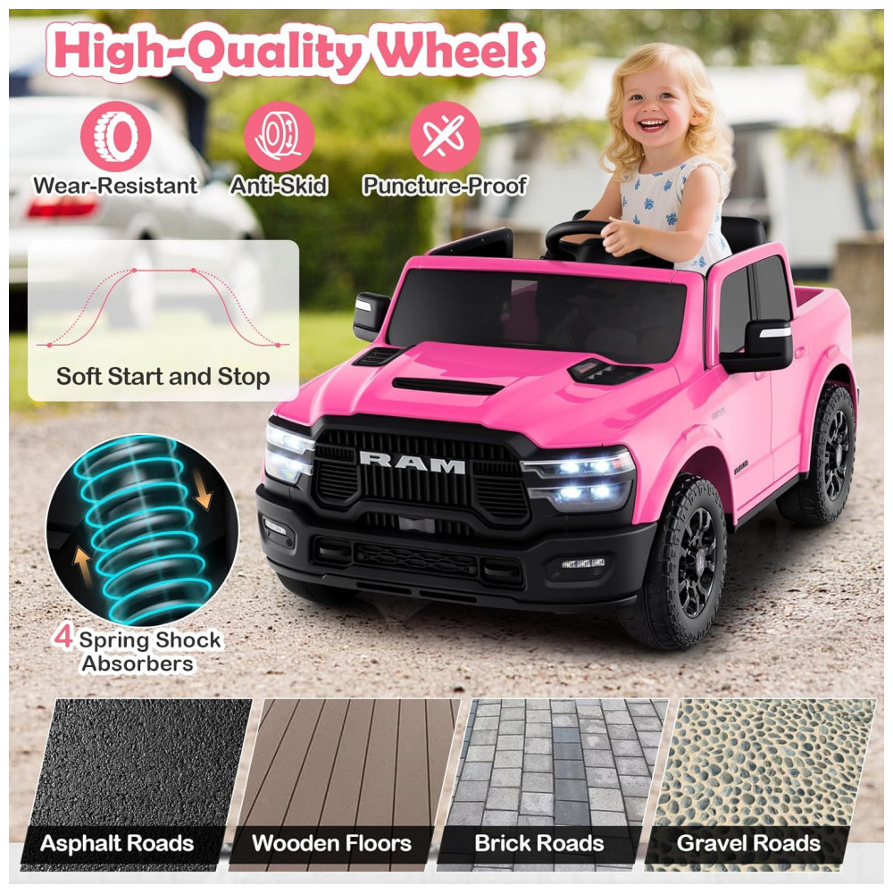 ECTQCRYTCB1G0B_5-1.jpg - Carro Elétrico Infantil 2 Lugares 24V, 2x100W, Controle Remoto, Suspensão 4 Rodas, Costzon Ram 2500 Rebel, Rosa