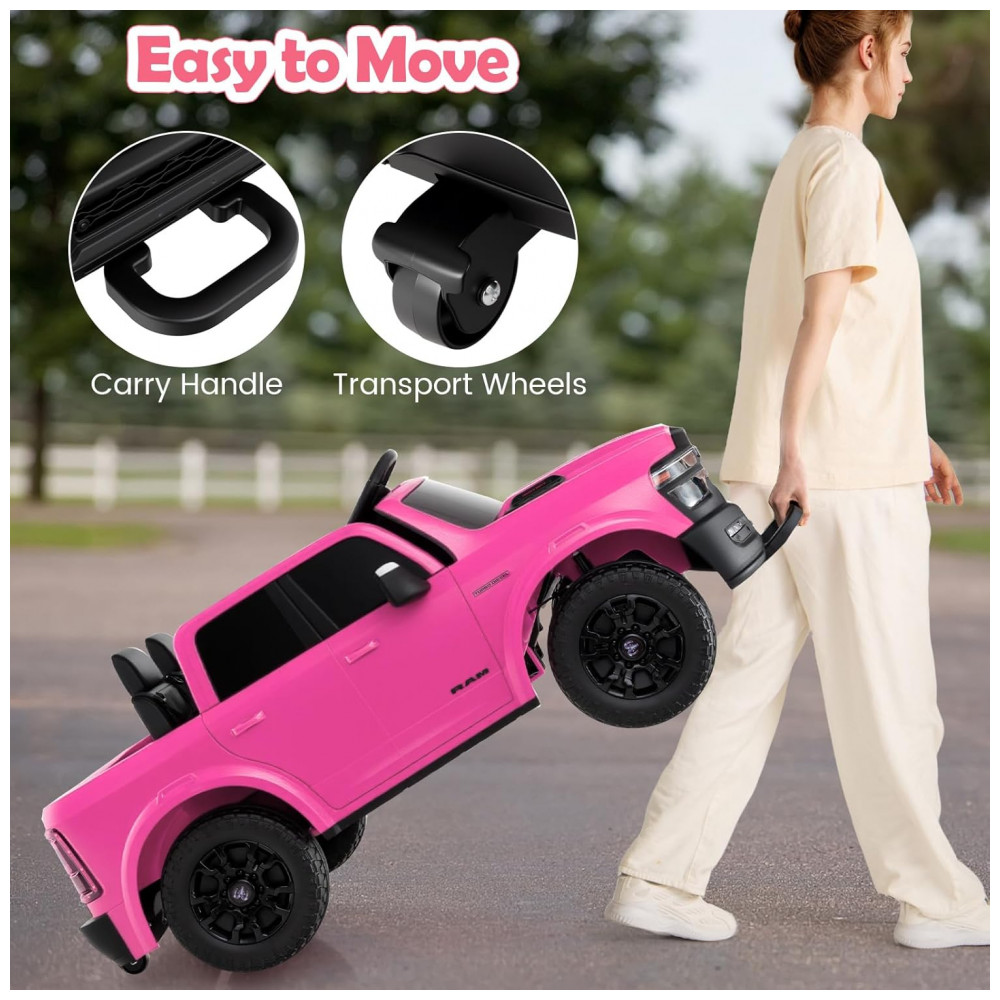 ECTQCRYTCB1G0B_7-1.jpg - Carro Elétrico Infantil 2 Lugares 24V, 2x100W, Controle Remoto, Suspensão 4 Rodas, Costzon Ram 2500 Rebel, Rosa