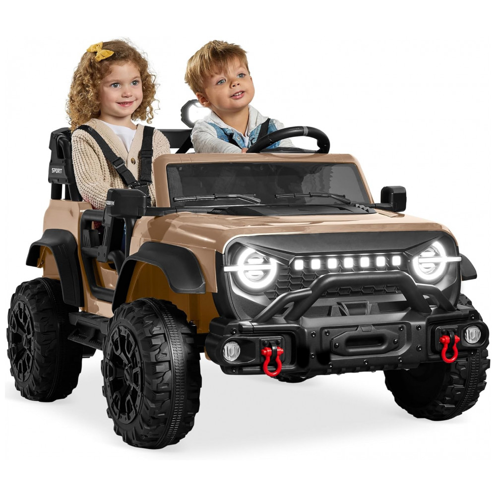 ECTQCSK7HF8F0B_0-1.jpg - Carro Elétrico Infantil Best Choice Products 24V Marrom, Caminhão 2 Lugares, com Controle Remoto, Bluetooth, Luzes LED e Capacidade para 60 kg