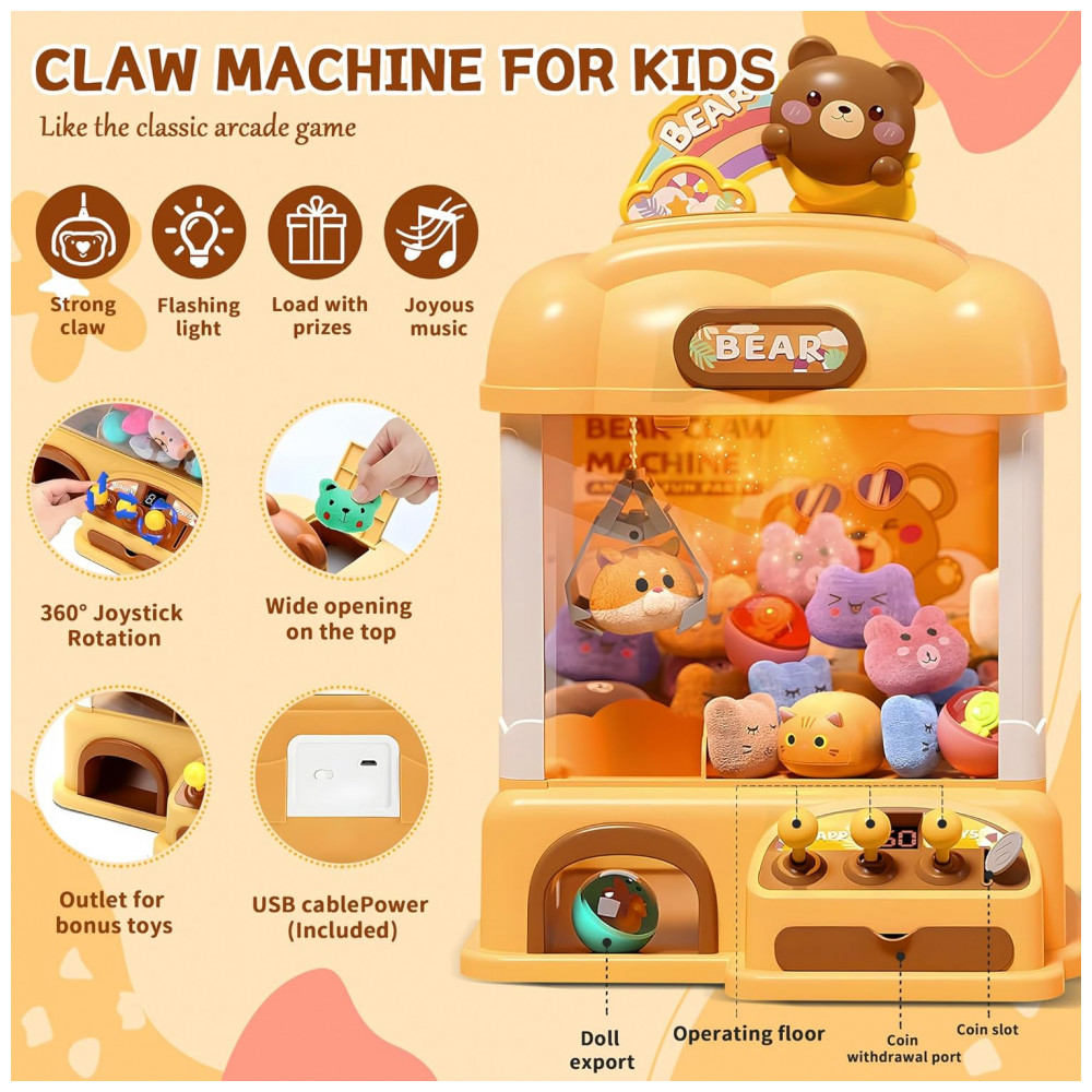 ECTQCSSMMDRC0B_1-1.jpg - Máquina de Garra Mini Arcade ROHSCE Urso Amarelo com Luzes LED, Som e Movimento 360° para Crianças