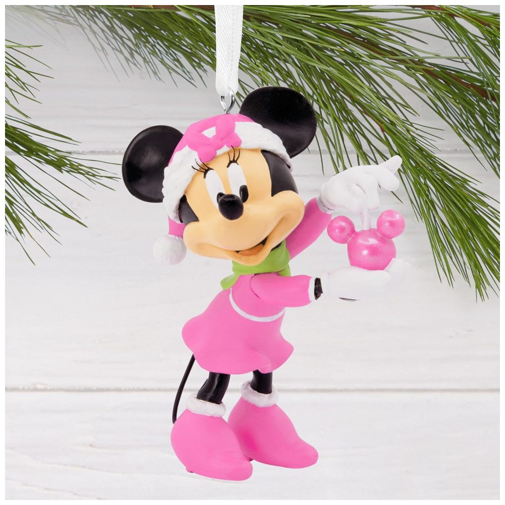 ECTQCT9FBTSC0B_4-1.jpg - Enfeite de Natal Hallmark Disney Minnie Mouse com Chapéu de Papai Noel e Ornamento de Orelhas Mickey em Resina Rosa, 5,7 x 3,8 x 4,5 cm