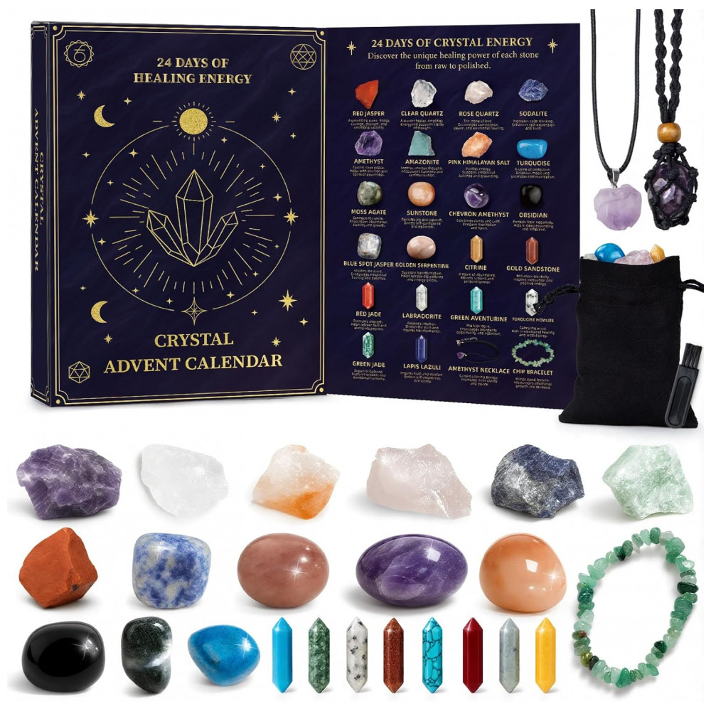 Calendário do Advento de Cristal de Natal 2025 com 24 Pedras Preciosas de Cura em Caixa de Contagem Regressiva com Colar e Pulseira, Crll